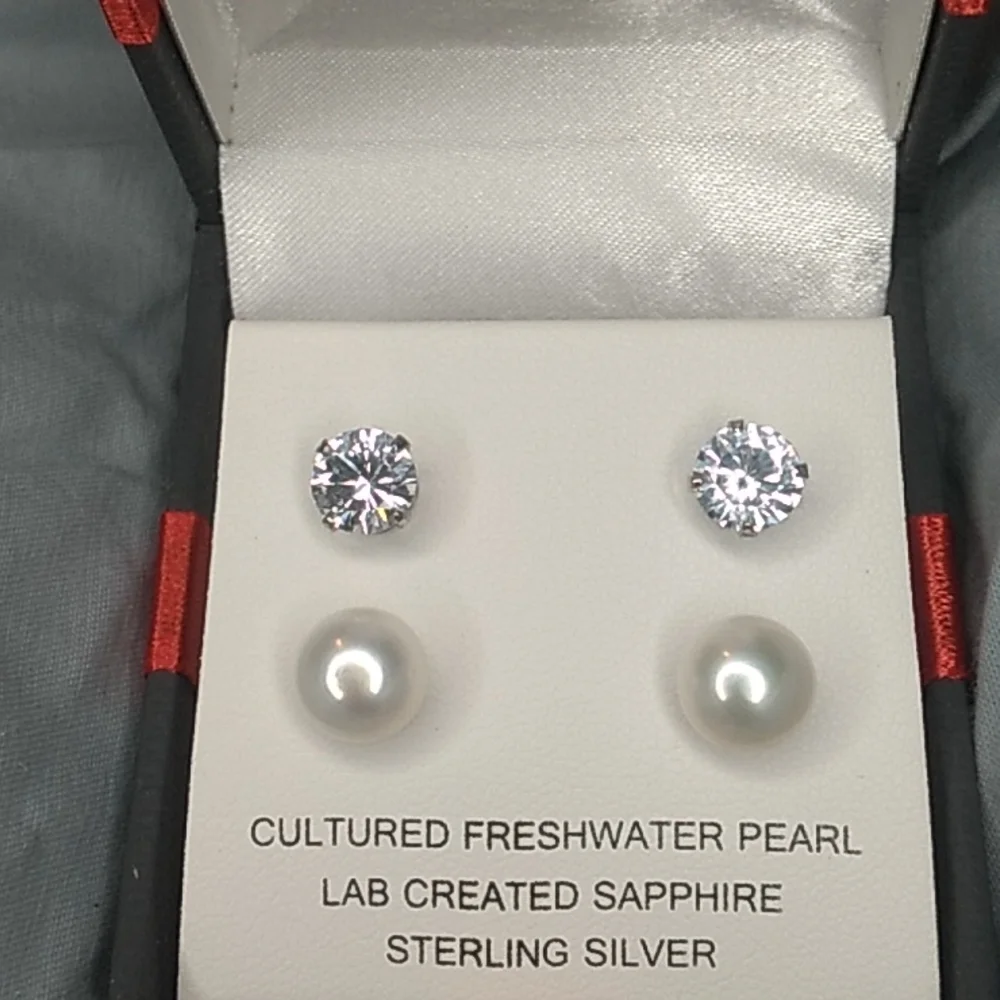 Cultured Freshwater Pearl and Sapphire earrings in sterling silver. - Picture 2 of 4
